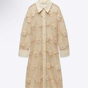 ZARA Cream Crochet Lace summer Dress Shirt Boho Festival Beach Cover Up